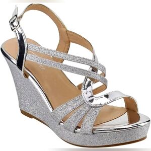 Silver Metallic Glitter Wedge Heel Platform Sandals